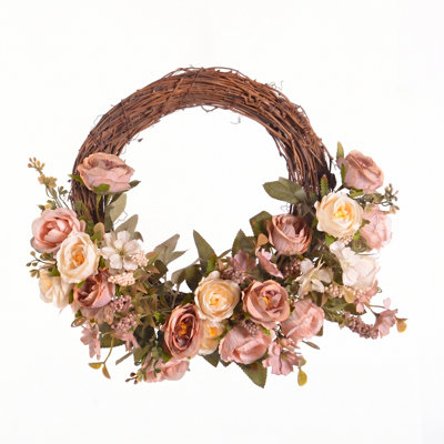 Silk Rose Artificial Wreath, Coffee Decor Wreath For Front Door Outdoor Office Wall Decor