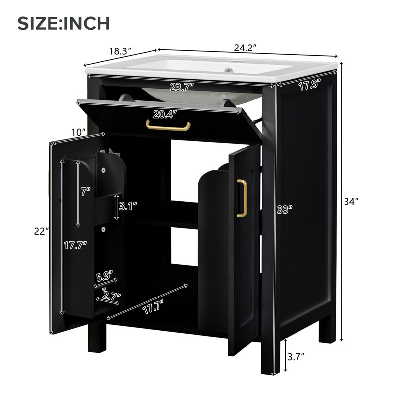 Meuble-lavabo en bois de 24 po de largeur avec lavabo en céramique et espace de rangement pratique (noir), Noir