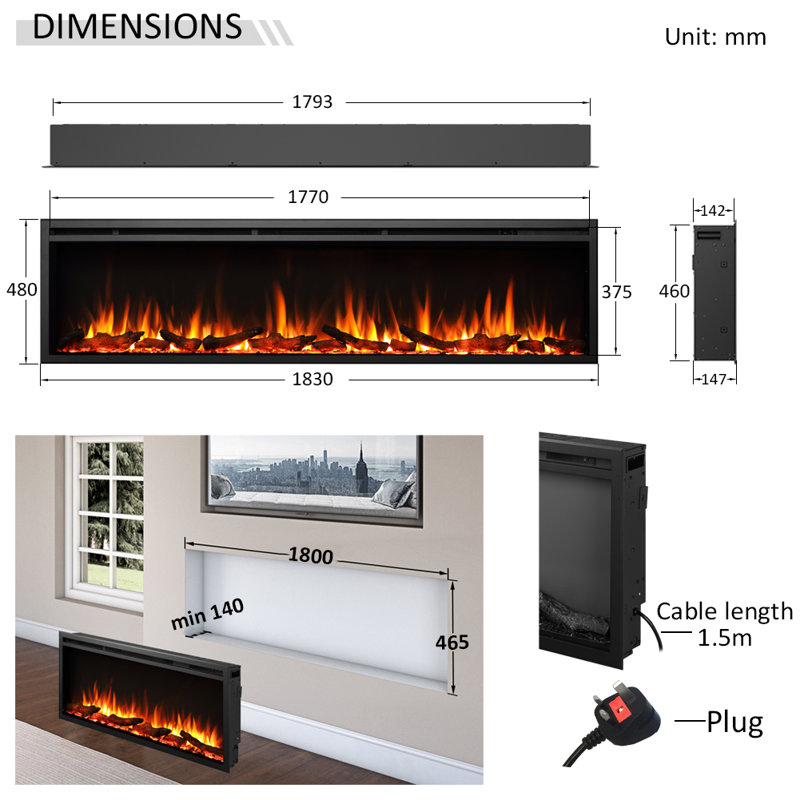 CASTELLO FLAMME Stainless Steel Electric Fireplace Insert, 48"H x 183"W x 14.7"D
