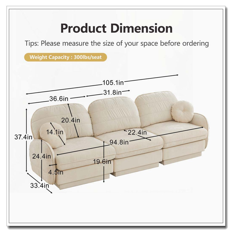 Canapé en chenille Cloud, siège profond avec repose-pieds mobile, Crème beige + 3 sièges