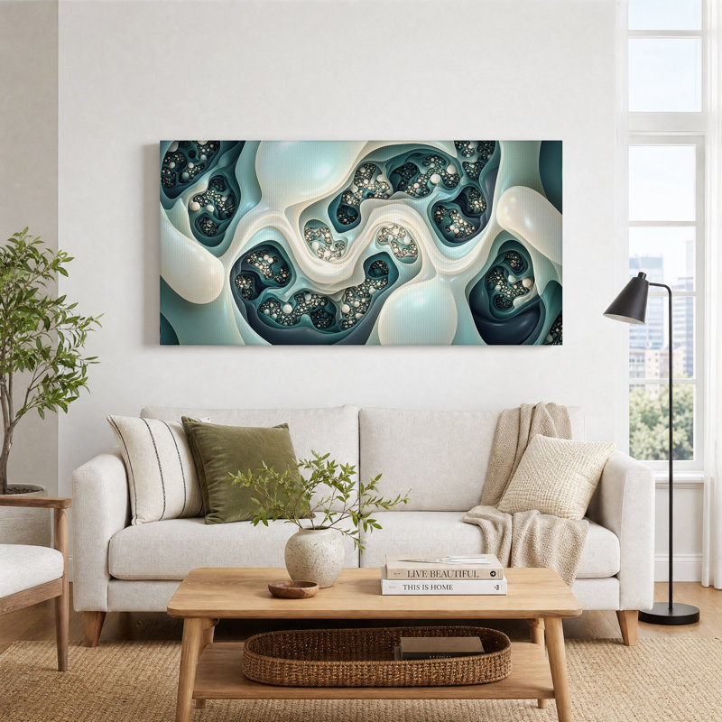 Art mural sur toile tourbillonnant bleu sarcelle et crème, 58“W x 28”H