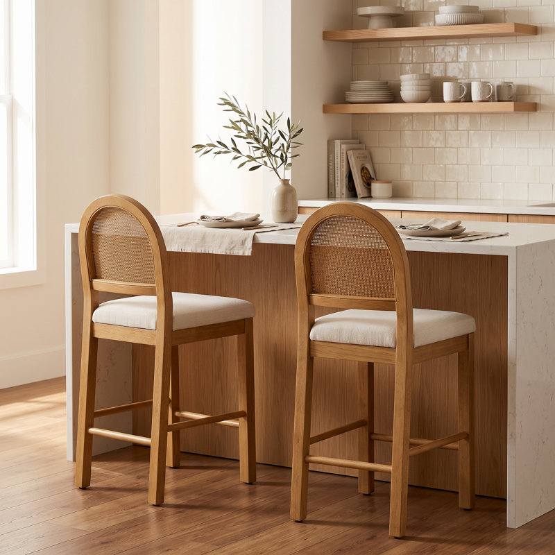 26''H Rattan Bohemian Solid Wood Counter Stool, Walnut, 2, Counter Stool (26.2" Seat Height)