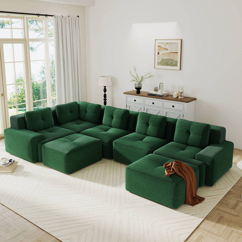 Canapé modulaire surdimensionné en velours côtelé de 116 po avec coin et repose-pieds, Velours côtelé vert