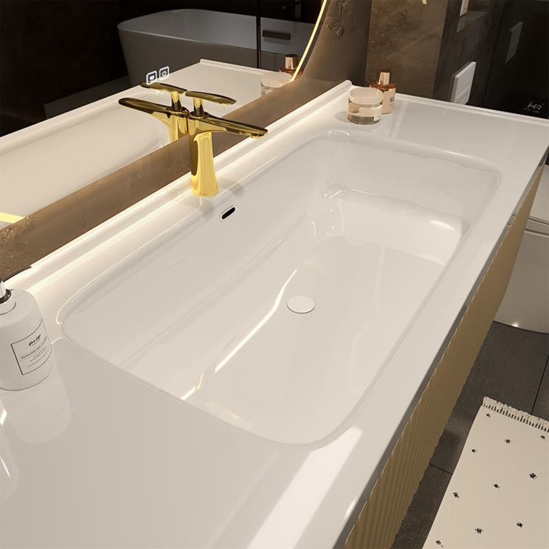 Meuble-lavabo simple en bois massif 59,06 po avec comptoir en céramique et miroir anti-buée rond à DEL