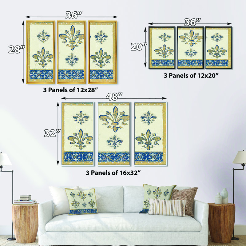 Fleur de lis, motif doré - ensemble d'art mural sur toile traditionnel encadré de 3, H 20 po x l 36 po x P 1 po, Or