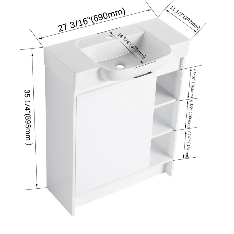 Ensemble de meuble-lavabo simple 28 po avec lavabo et tablettes en céramique, Blanc