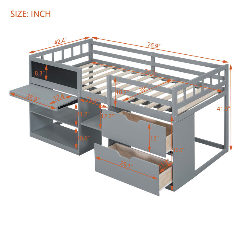 Twin Size Low Loft Bed with Rolling Desk, Shelf and Drawers - Grey