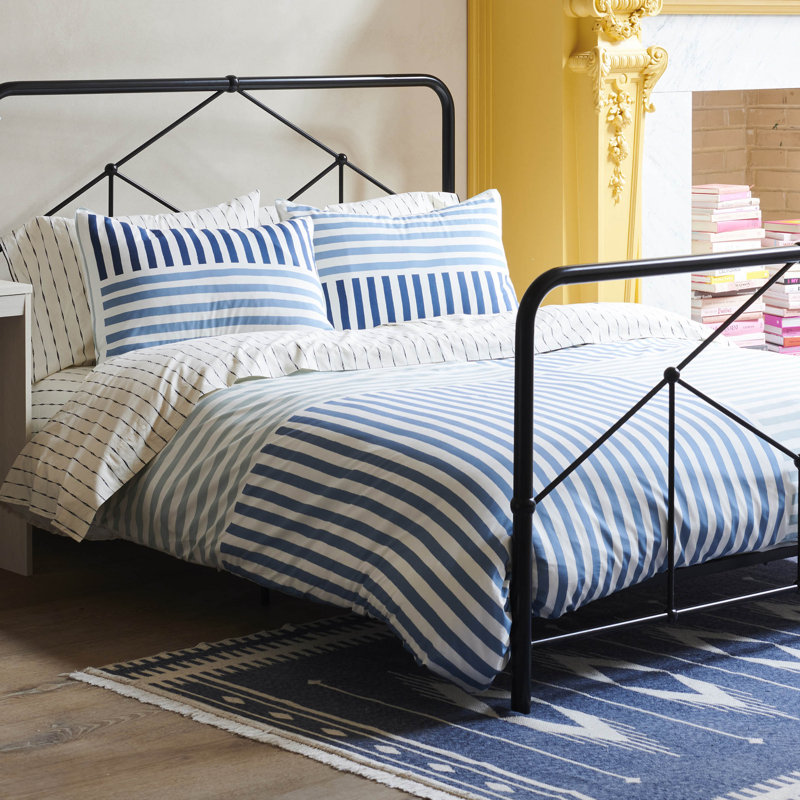 Blue and White Cotton Twin Comforter Set with Stripes