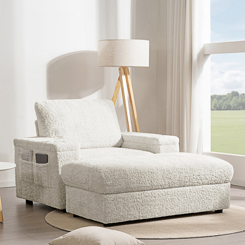 Chaise longue surdimensionnée, canapé-lit avec repose-pieds avec rangement et accoudoirs, Beige