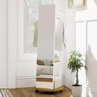 Freestanding Coat Rack, Integrated Full-Length Dressing Mirror & 3 Sturdy Hanging Hooks, Anti-Tip Stable Base Suitable For Entryway, Bedroom