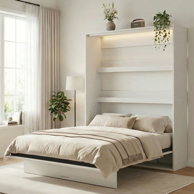 Large High-Gloss Murphy Bed With Rgb Led – Gas-Lift, Storage Shelves, Fits F Size