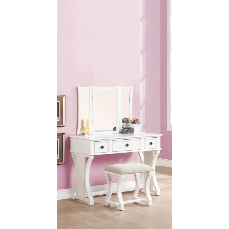 Unique Modern Bedroom Vanity Set W Stool Foldable Mirror Drawers White Color MDF Veneer 1Pc Vanity Furniture, White