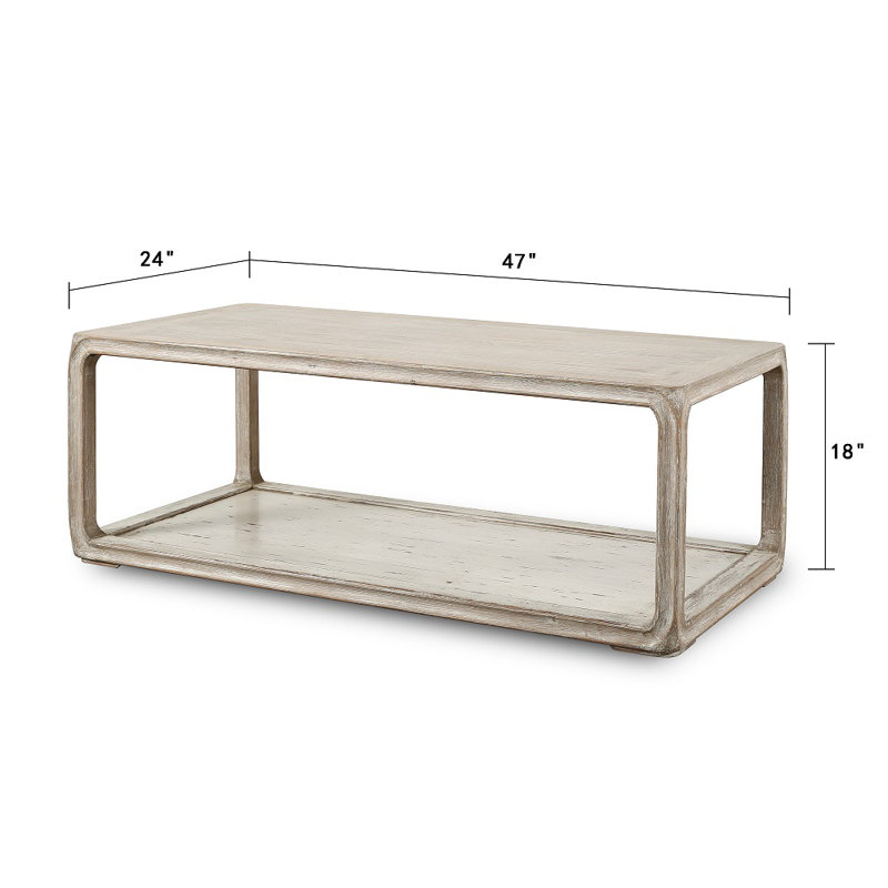Vandemark Artissance Peking Coffee Table, 47-Inch Long Wooden Coffee Table with Base, White Wash Finish, Rustic