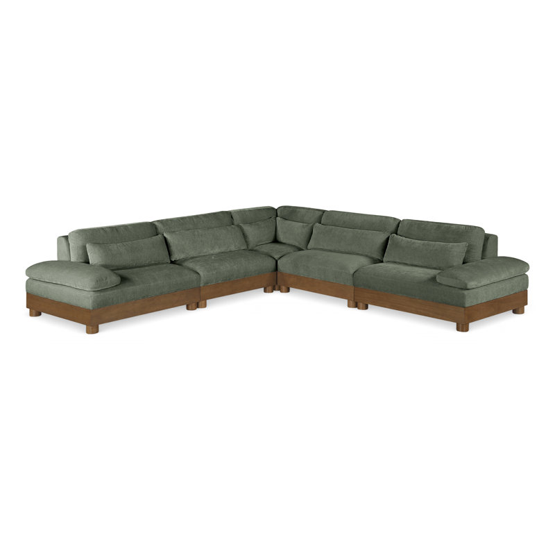Turin 127.75" Chenille Fabric Upholstered 5Pc. Modular Sectional, Green Chenille Fabric, Brown