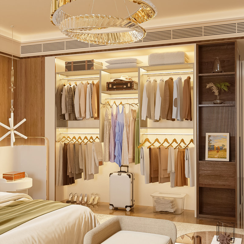 119.4" W Walk In Closet System with Shelf, Washed Oak