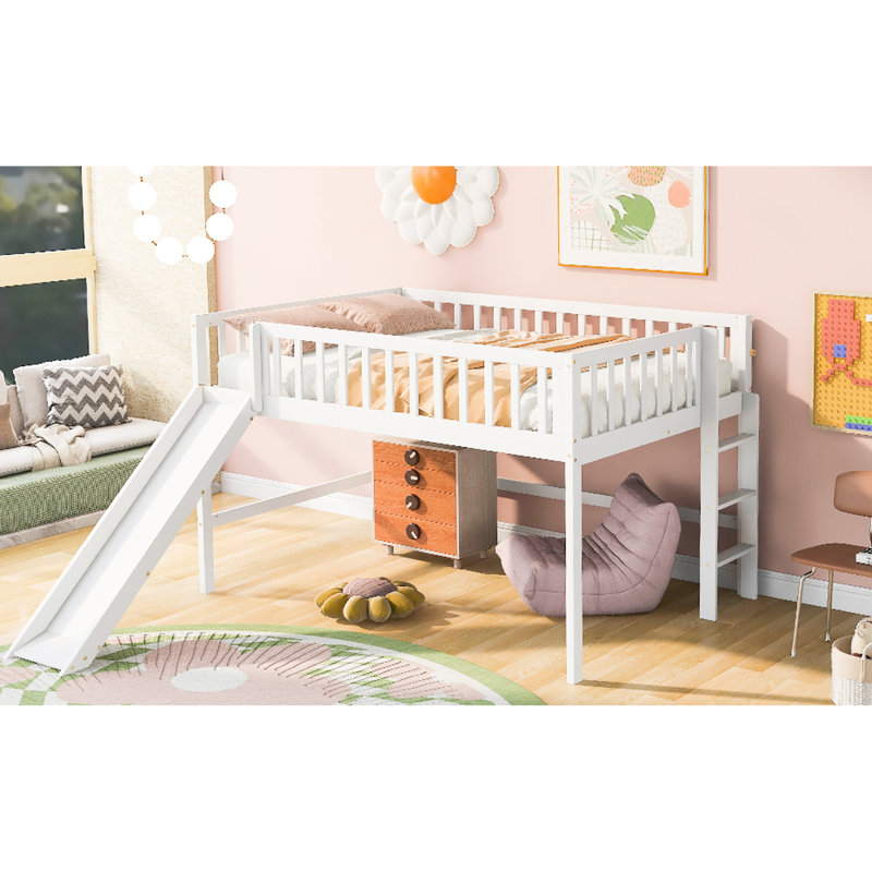 Lit mezzanine double blanc avec lit escamotable et coulissant, Full, White