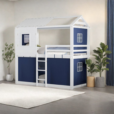 Lits simples superposés en bois robuste avec tente, style maisonnette rustique
