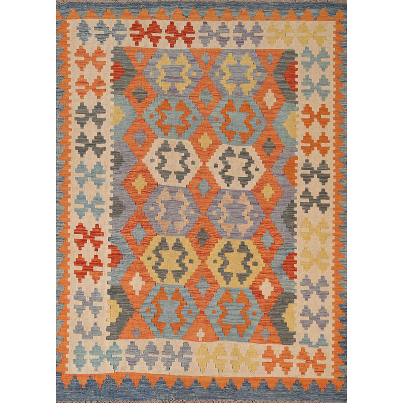 Geometric Kilim Reversible Wool Area Rug 5x6