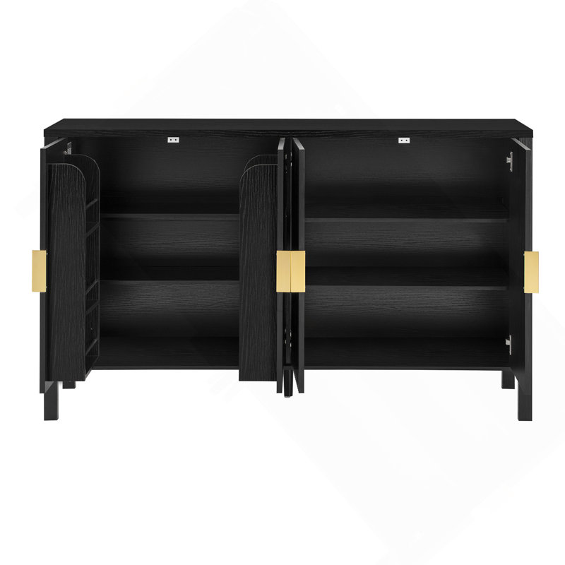 Sideboard U_Style Modern 57.5" Stripe Door Storage Cabinet, 4-Door With Back-Of-Door Storage Racks & Side Hooks, Adjustable Shelves, Mdf Cabinet With Aluminum Handles For Living Room, Dining Room