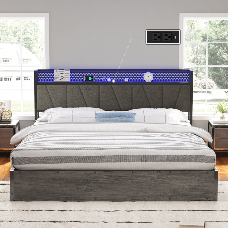 King Size Rustic Grey Linen Upholstered Metal Frame Bed with LED Storage Headboard