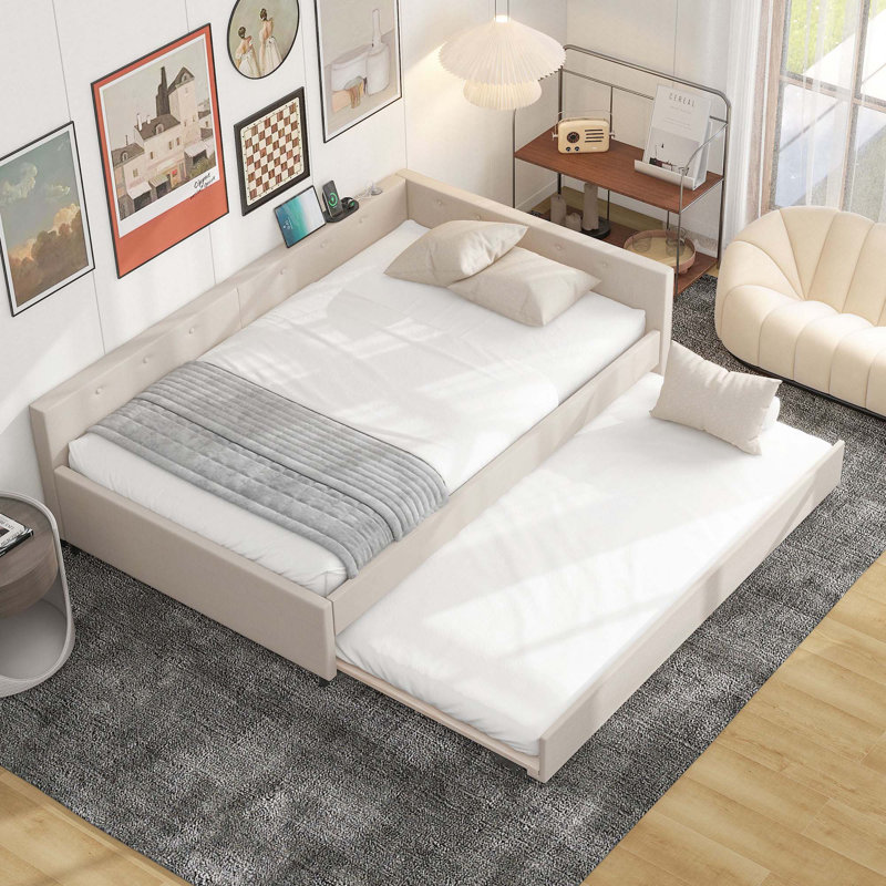 Lit plateforme tapissier avec port USB et lit gigogne simple, Complet/Double