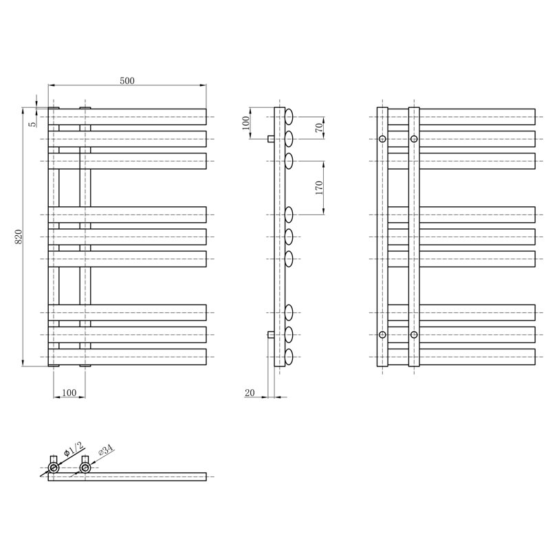 Flat Panel Towel Rail Heated Towel Rails, White, 82cm H x 50cm W x 56cm D