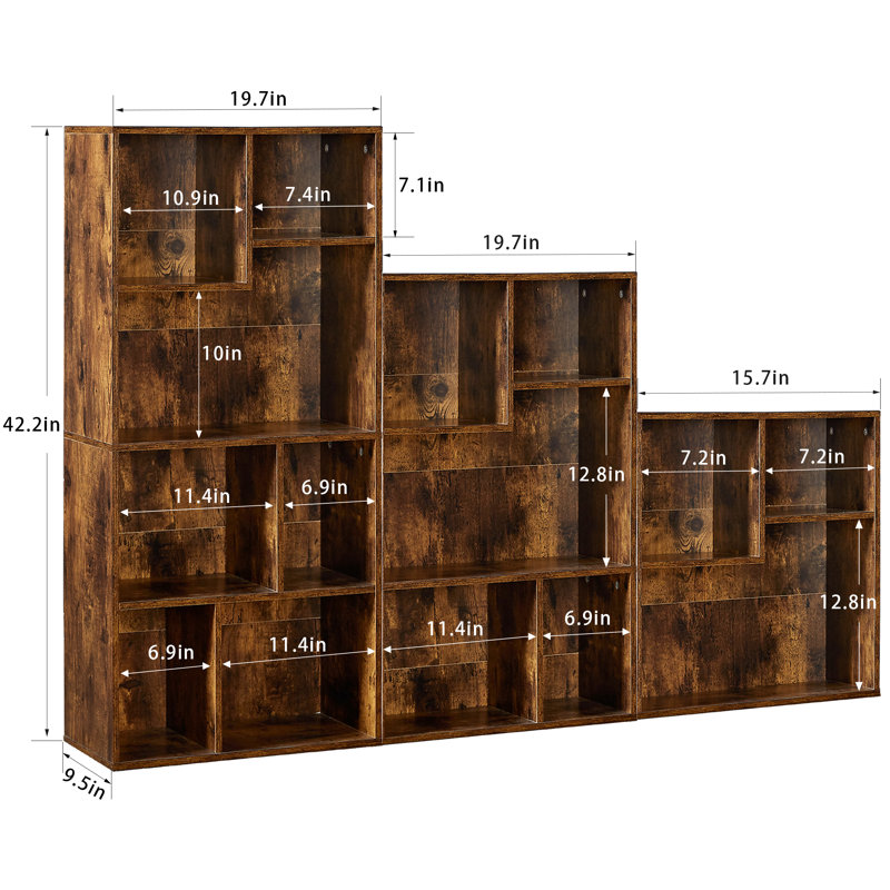 Brown Bookcase Set of 3, 15-Cube Simple Black Bookcase, Small Storage Cabinet with Open Shelves, Brown