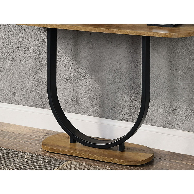 Table de style industriel 1pc avec plateau en bois reproduit noir sable et base en U en chêne rustique, profondeur chêne noir 47,78 po, long