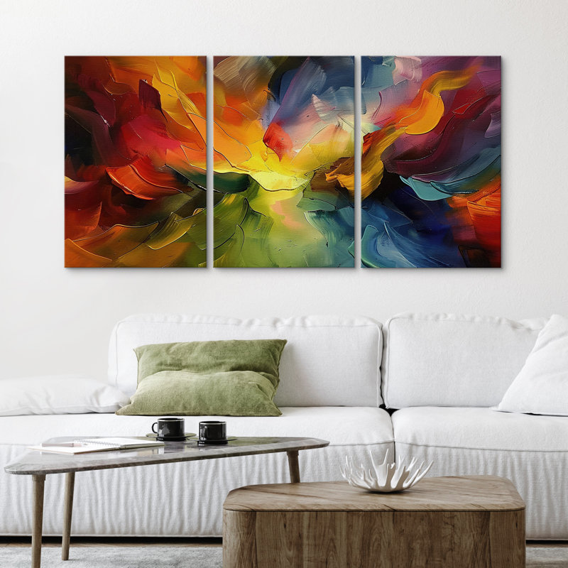 "Colorful Abstract Pastel Strokes Bright", ensemble de 3 reproductions d'art sur toiles plates encadrées, Toile tendue