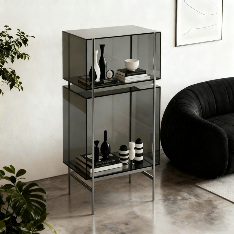 Acrylique gris + vitrines en acier inoxydable, Gris