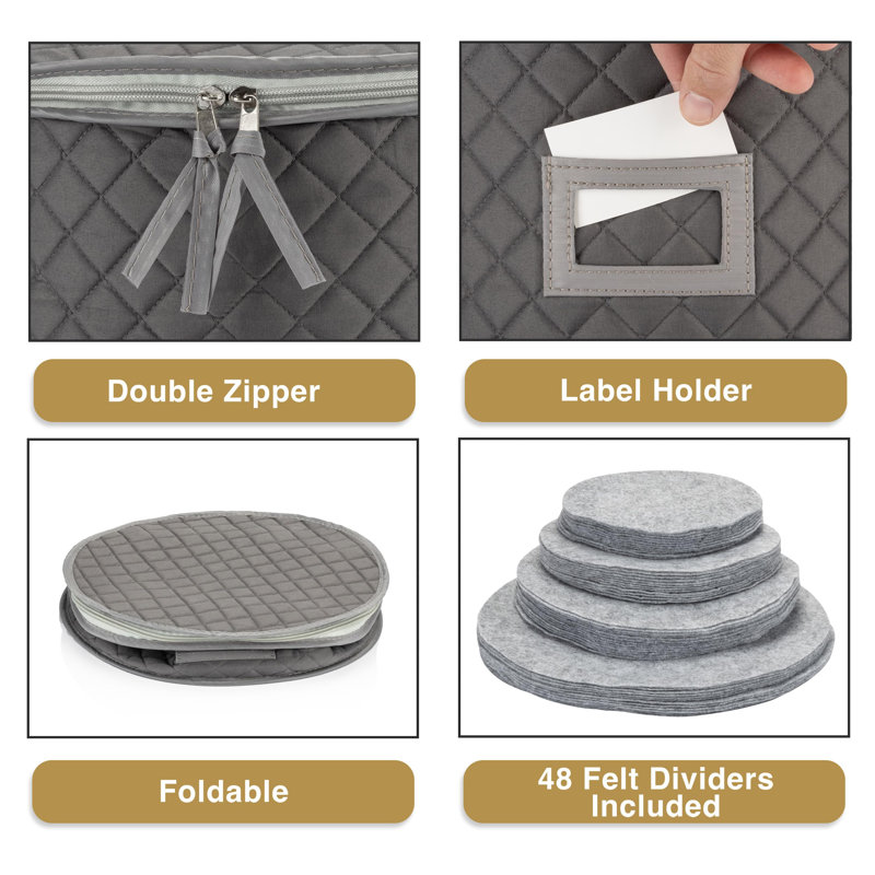 Fine China Storage - Set Of 4 Quilted Cases For Dinnerware Storage. Sizes: 12" - 10" - 8" And 7" Wide - Grey - 48 Felt Plate Separators Included