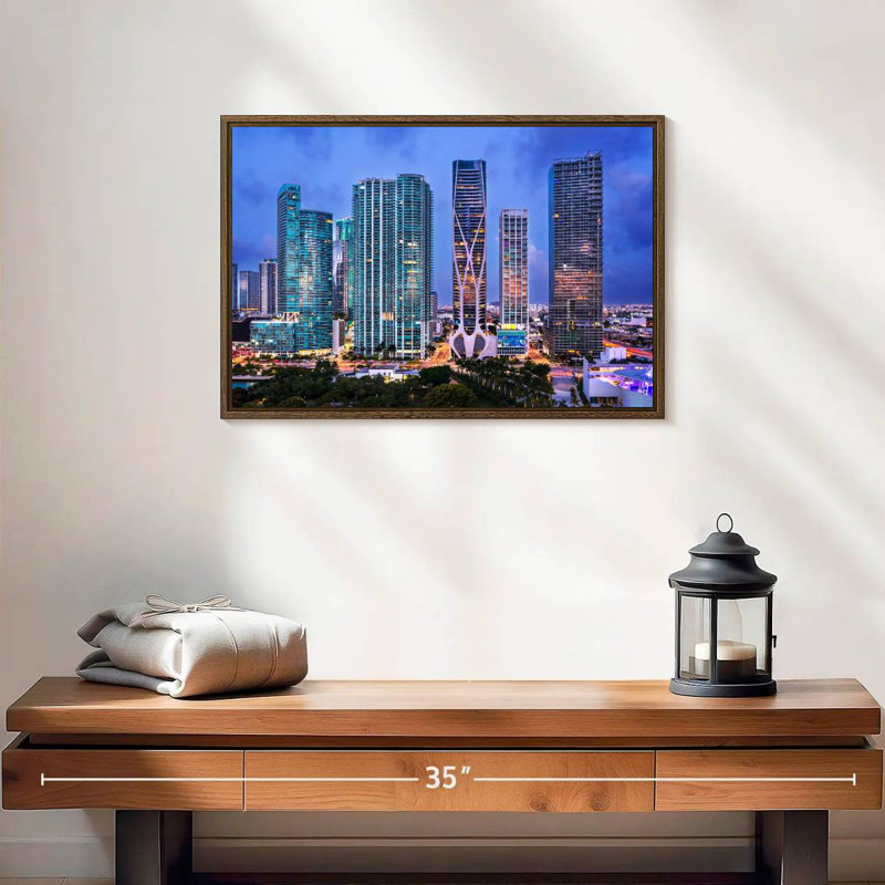 Vue aérienne du centre-ville de Miami, 19 po x 13 po, Cadre flottant en noyer
