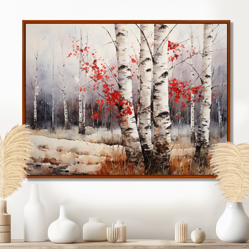 Bois de bouleau blanc et rouge en hiver III - Art mural bouleau, 24" H x 32" W, Cadre flottant brun