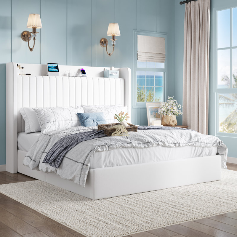 Hydraulic Lift Up Storage Upholstered Platform Bed With Shelf And Charging Station, White, Queen