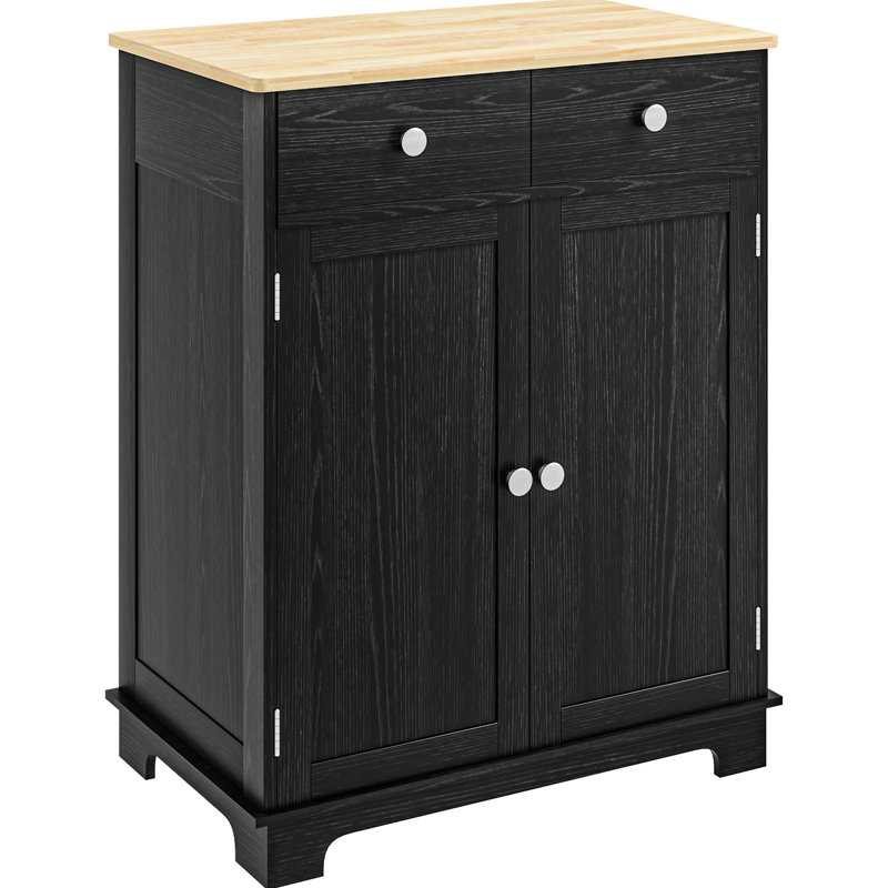 Distressed Black Patio Sideboard - Solid Wood Countertop, 2 Drawers, Doors, Adjustable Shelf Storage Cabinet