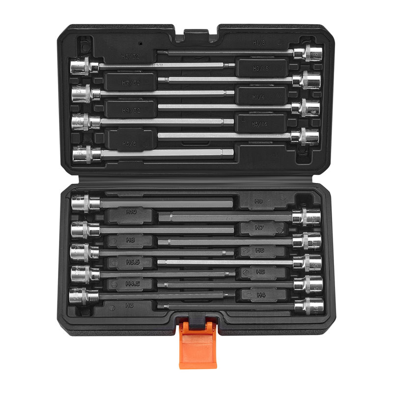Ensemble de douilles hexagonales 18 pièces, douille hexagonale de 3/8 de pouce et trousse à outils Cr-V Allen avec étui résistant aux chutes