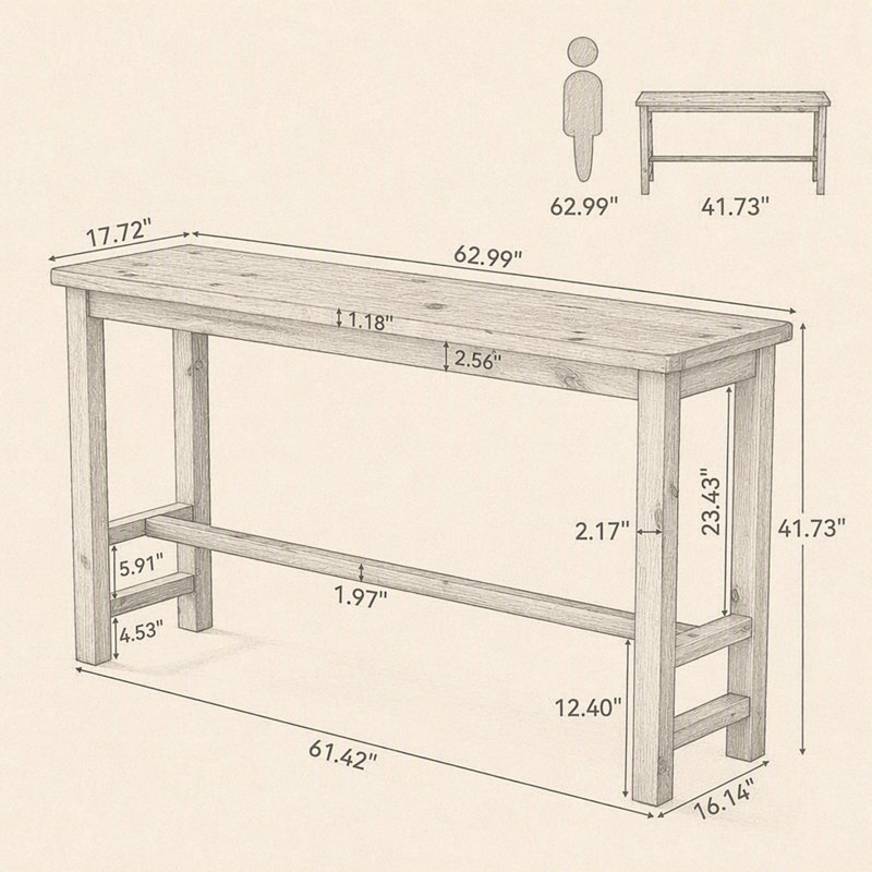 63" Solid Wood Bar Table, Rectangular Counter Height Pub Table for Home Bar