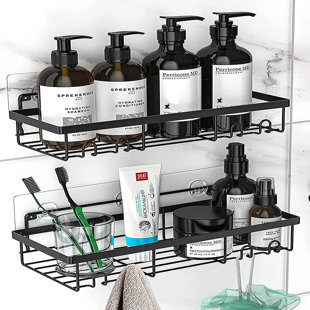 Modern Geometric 2 Tier Aluminum Suctioned Shower Caddy with Integrated  Hooks and Soap Tray, Grey