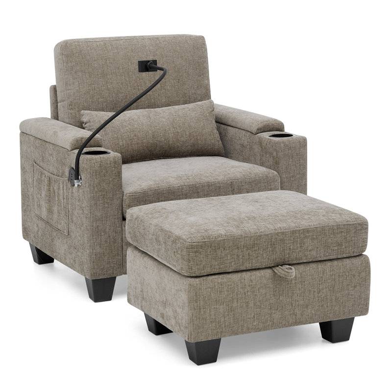 Canapé inclinable simple avec dossier réglable manuellement, port de charge USB sur le côté de l'accoudoir, support pour téléphone inclus, rangement pour accoudoirs dissimulé et repose-pieds de rangement assorti - brun