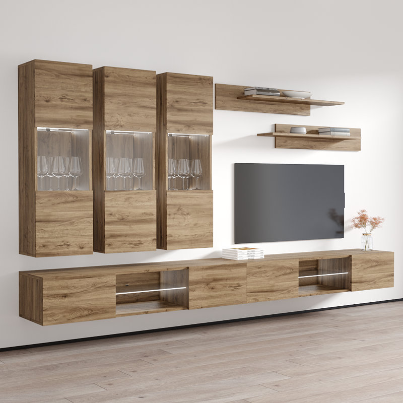 126" Modern Floating Wall Mounted Entertainment Center with 16-Color LED Lighting, High Gloss Finish, Oak