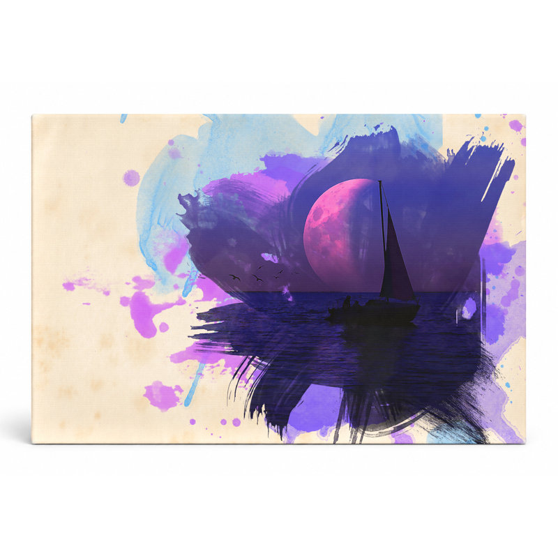 Voilier sous la lune mauve - paysage, art mural sur toile, 14" W x 11" H