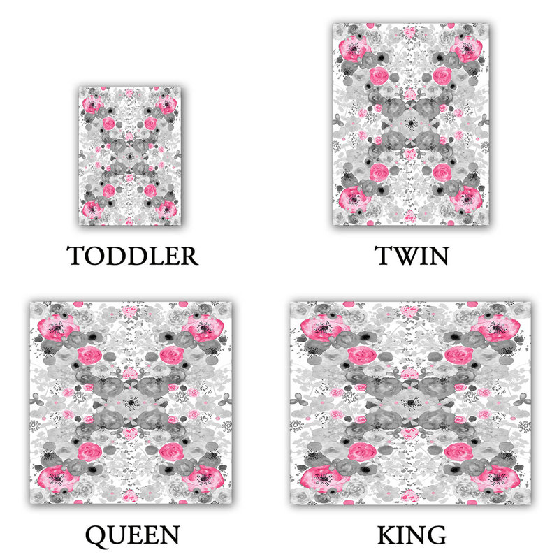 Ensemble de housse de couette romantique fleuris, Housse de couette grand + 2 taies décoratives, Gris / rose / blanc