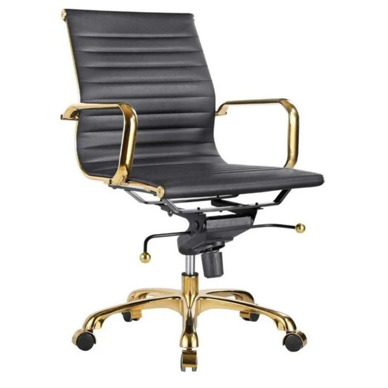 Chaise de bureau en cuir Lonty, Noir, noir, noir, noir, Doré