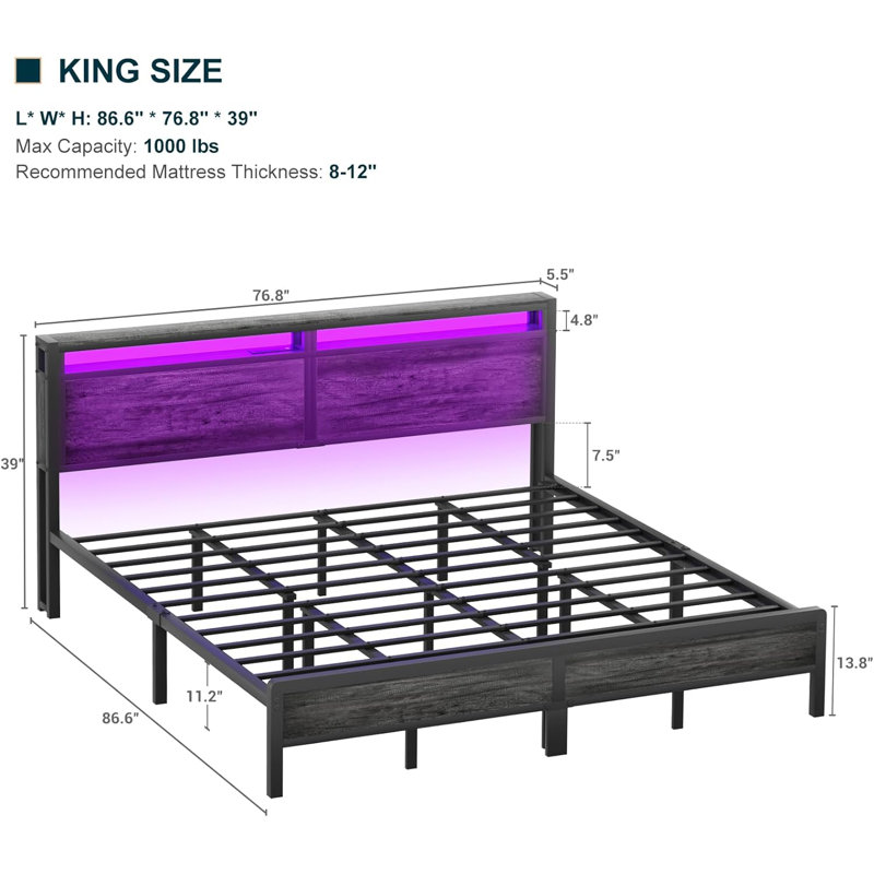 Jaquaya Bed Frame with Charging Station and Led Lights, King, Gray