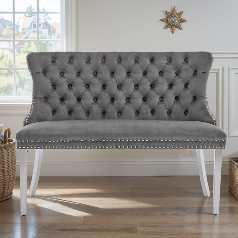 Beige Velvet Tufted Double Dining Loveseat Bench with Handmade Buttons and Wing Back Design, 45.6" Mid-Century Modern Kitchen Bench with Gold-Plated Steel Legs, Comfortable Sponge Cushion for Dining Room, Living Room, or Entryway