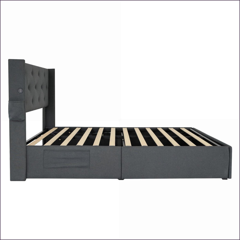 Cadre de lit grand format avec rangement en bois avec ports USB, sans sommier, capacité de 880 lb pour la chambre principale