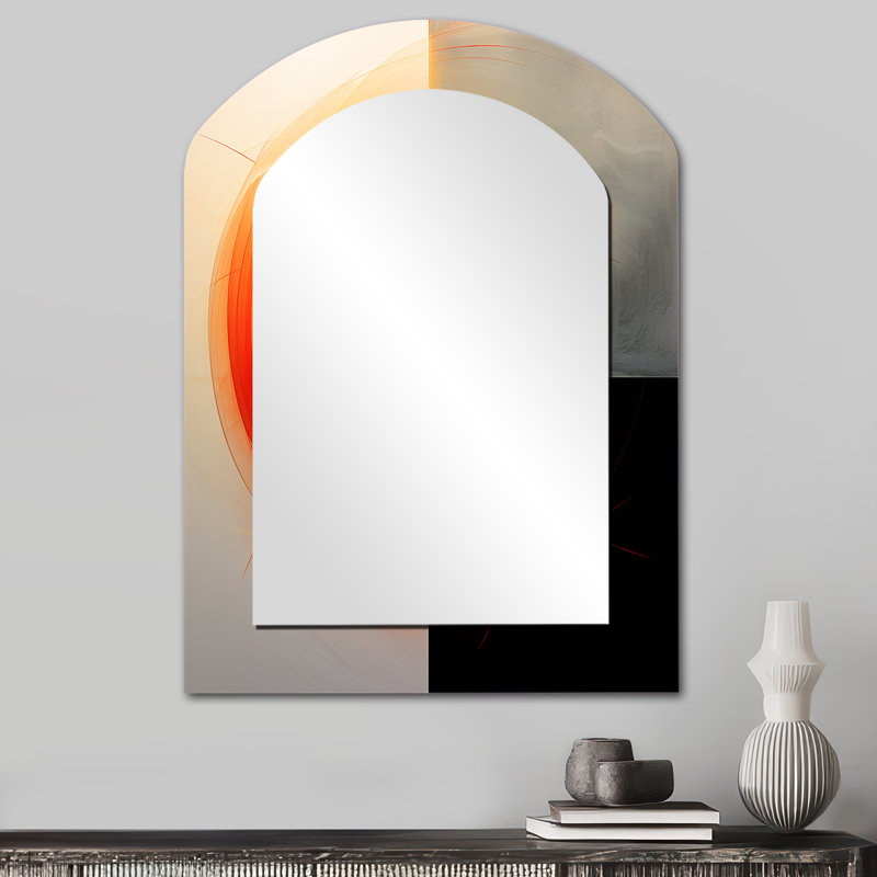 Red Moon Rising Abstract Landscape - Geometric Arch Mirror, Orange Asymmetrical Decorative Wall Mirror, Printed Metal Art