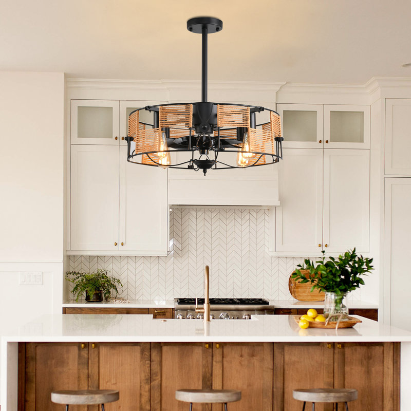 Gejza 19.29" Black Farmhouse Caged Chandelier Ceiling Fan with Light Kit and Remote