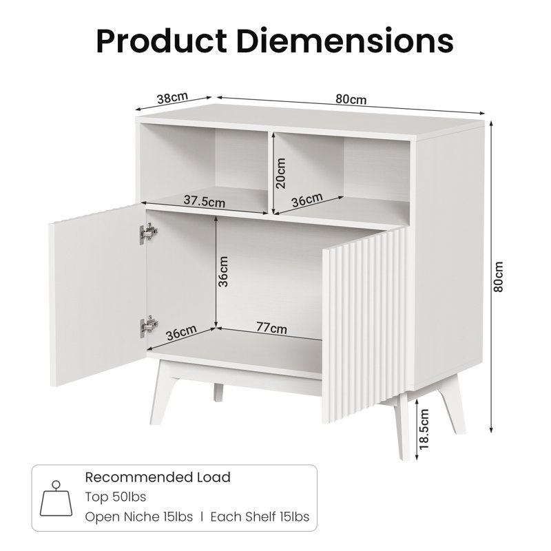 80cm Compact Small Sideboard, Ribbed Door Storage Cabinet, White