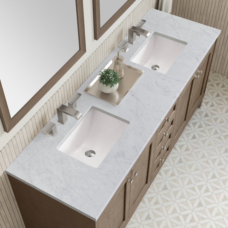 Chicago 72'' W Double Vanity, Walnut Whisper, Carrara White, 8" Widespread